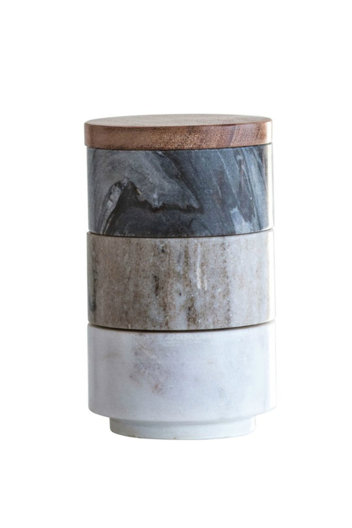 Creative Co-Op Marble Stacking Pinch Pots w/ Acacia Wood Lid