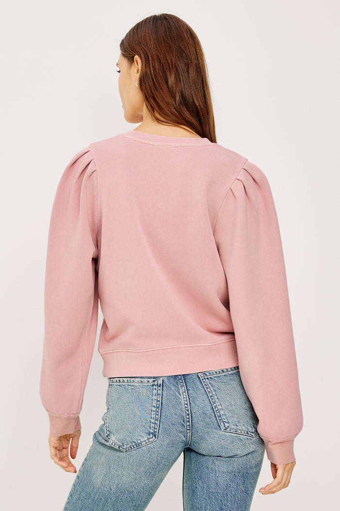 Mariana Sweatshirt in Terry WIth Front Snap Button Placket, Pleated Shoulders, Long Sleeves, and Ribbed Trim in Ballet Colorway - Upper Body Back View Featured on Model