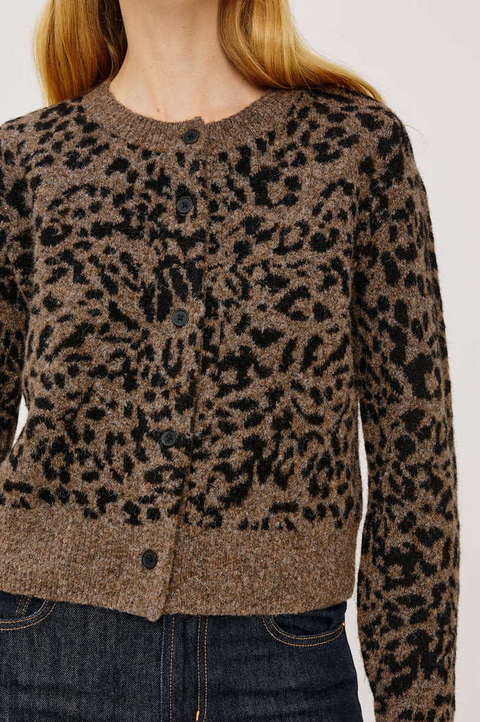 Matilda Cardigan Sweater in Cashmere Wool Blend With Crew Neckline, Ribbed Trim, Front Buttons, Long Sleeves in Spotted Colorway - Upper Body Close Up View Featured on Model