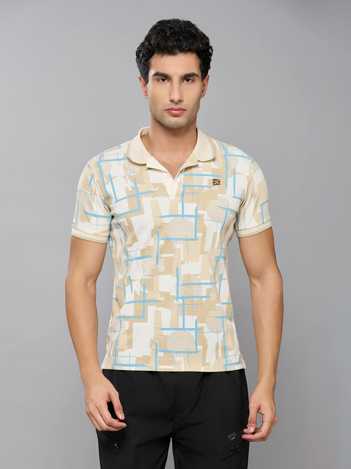 Men's Beige Printed Slim Fit T-Shirts