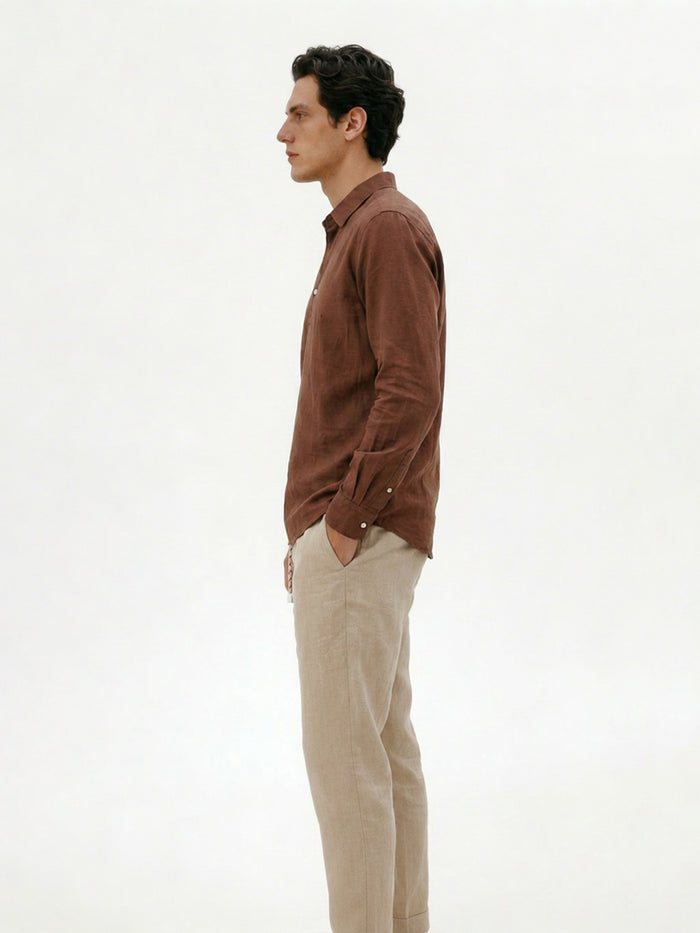 Men's Linen Full Sleeves Cotton Regular Fit Shirt Brown