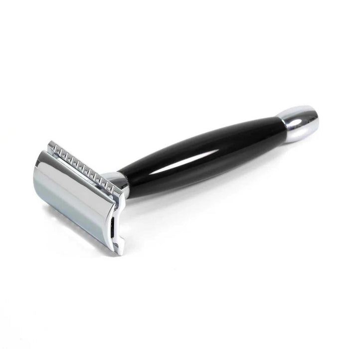 Safety razor with black handle and chrome head for grooming