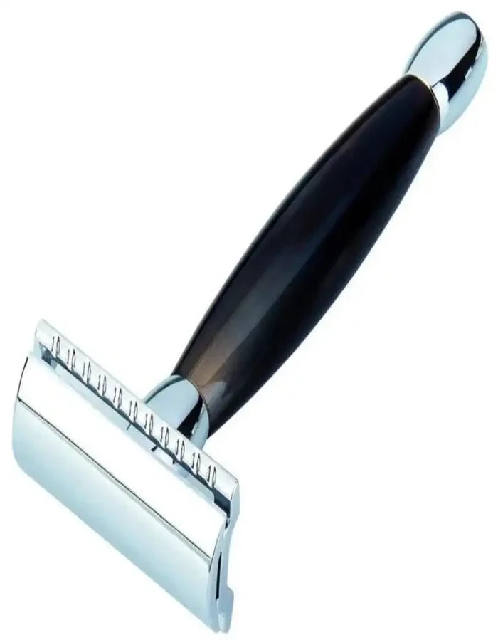 Elegant safety razor with black handle and chrome accents for shaving