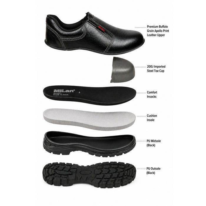 Milan Safety Shoe MS 05 Slip-on Anti-static Safety Shoes | Stylish & Durable with Steel Toe Cap | Sizes 38-46