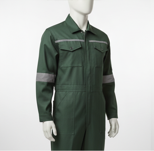 Green work jumpsuit shown from front, back, and side views on mannequins against a white background.