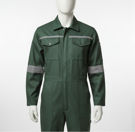 Green work jumpsuit with reflective stripes on a white background