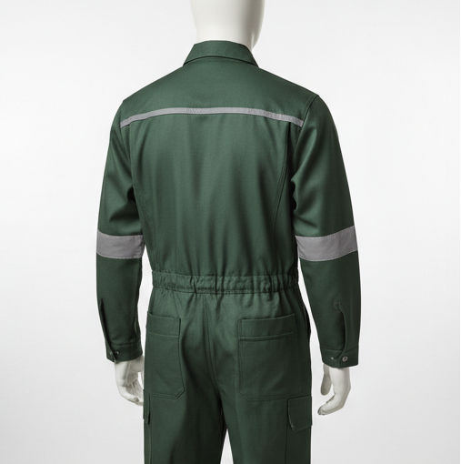 Green work jumpsuit with reflective stripes on a white background