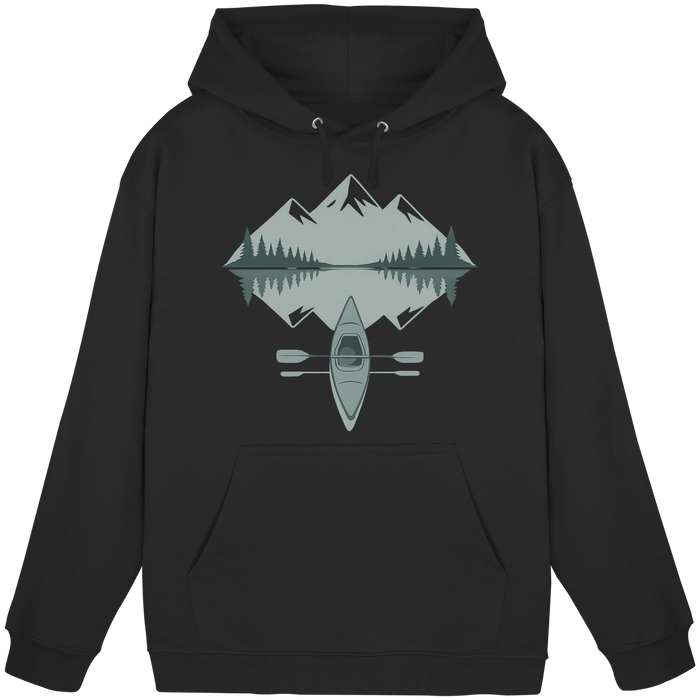 Front view of Arvenzo Mirror Lake Hoodie, a black unisex hoodie with a simple, classic design and a front pocket.