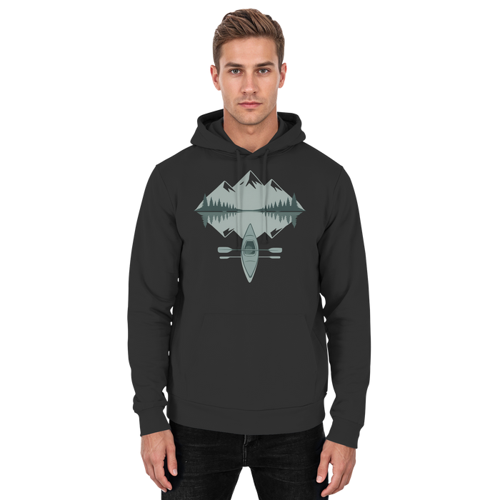 Front view of Arvenzo Mirror Lake Hoodie in deep black, unisex design with a simple, classic hoodie style.