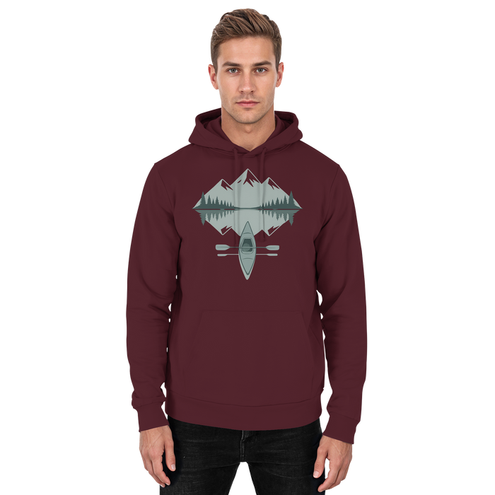 Front view of a burgundy Arvenzo Mirror Lake hoodie, unisex design with a casual fit and soft fabric.