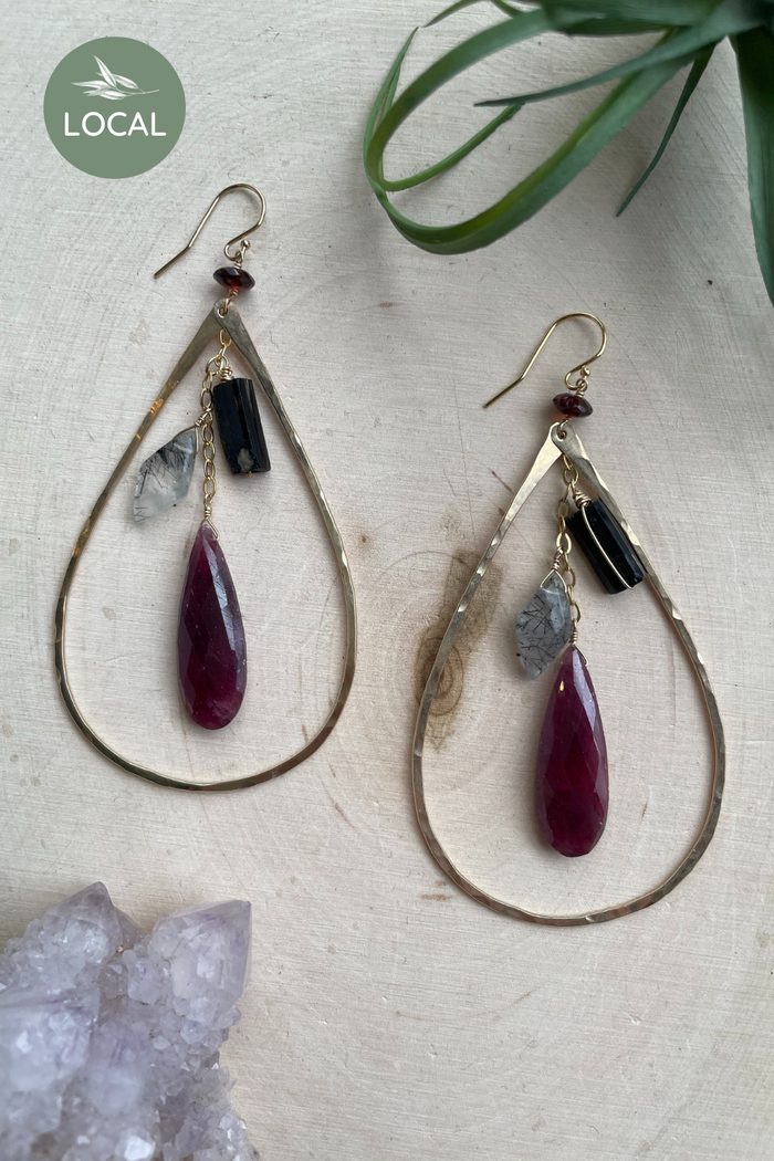 Elysium Faceted Ruby + Gem Drop Teardrop Hoop Earrings
