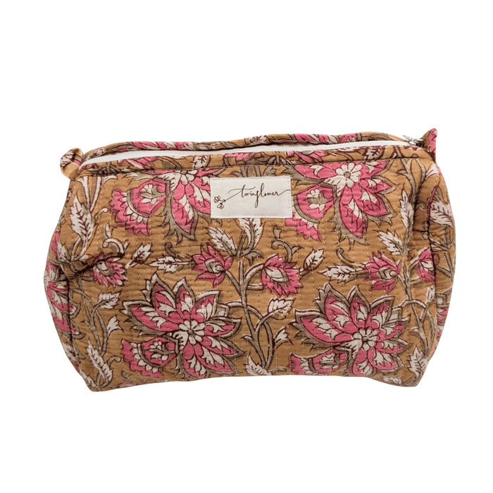 Mustard & Pink Floral Block Print Quilted Large Washbag - Precious Sparkle