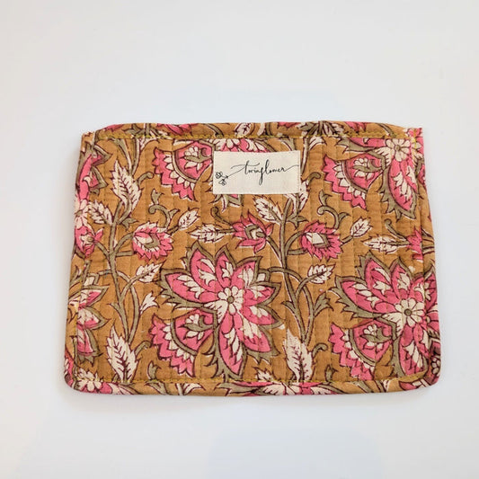 Mustard & Pink Floral Block Print Quilted Medium Purse - Precious Sparkle
