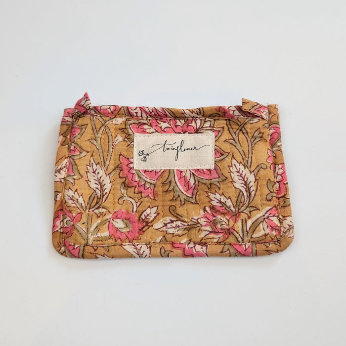 Mustard & Pink Floral Block Print Quilted Small Purse - Precious Sparkle
