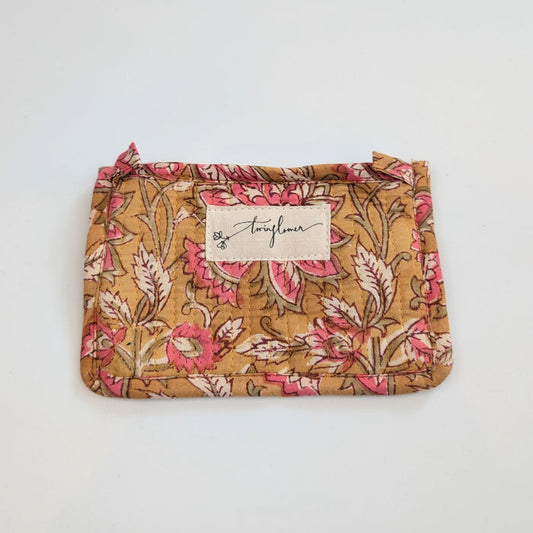 Mustard & Pink Floral Block Print Quilted Small Purse - Precious Sparkle