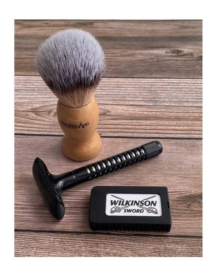 Starter shaving kit with Wilkinson Sword razor, 5 blades, and medium synthetic brush with wooden handle