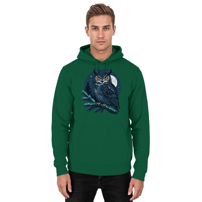 Arvenzo Night Watch hoodie in bottle green, front view of a unisex hoodie with a simple design and comfortable fit.