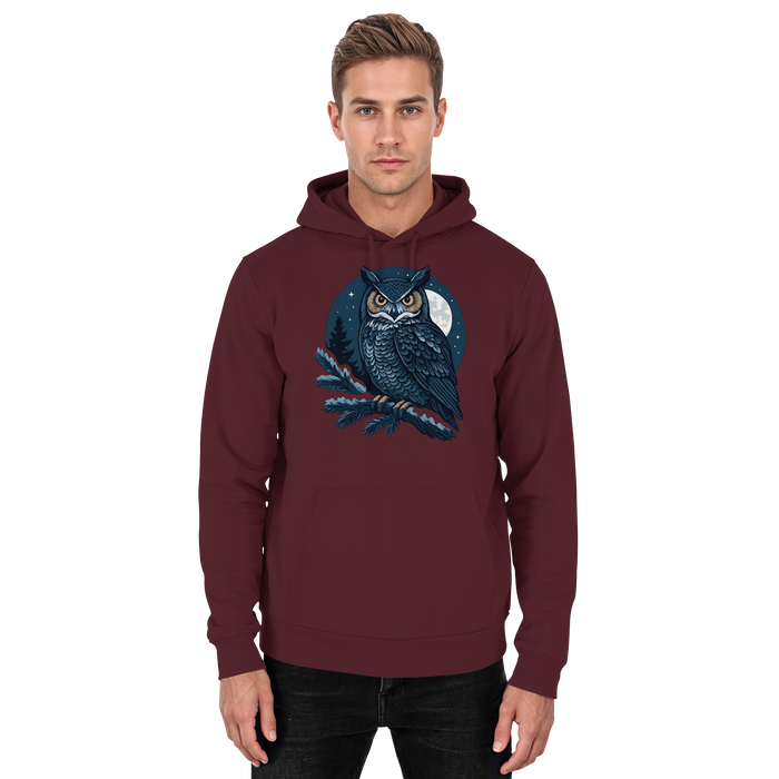 Front view of burgundy Arvenzo Night Watch hoodie, unisex hoodie with a simple design and comfortable fit.