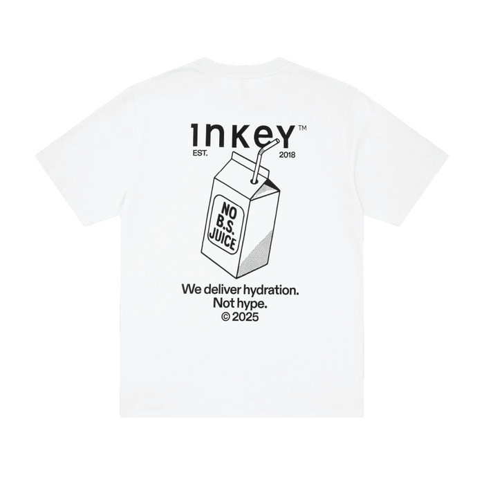 White t-shirt with 'Inkey' branding and a carton of 'No B.S. Juice' graphic on a white background.