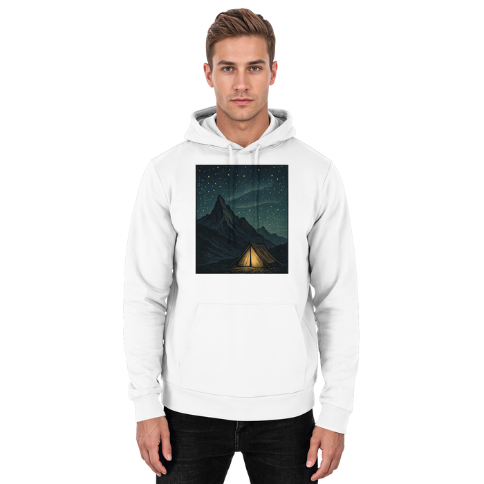 Arvenzo North Light Hoodie in Arctic White, front view of unisex hoodie with simple design and comfortable fit.