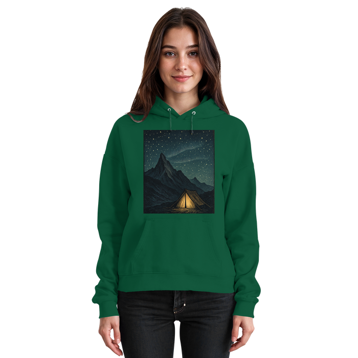 Arvenzo North Light Hoodie in bottle green, unisex front view showing a casual, comfortable hoodie with a hood and front pocket.