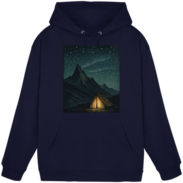 Unisex navy Arvenzo North Light Hoodie with front design, soft fabric, and adjustable drawstrings on the hood.