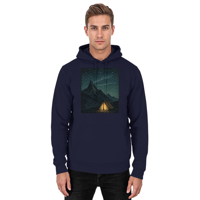 Front view of Arvenzo North Light unisex hoodie in navy with a simple design, showcasing the hoodie’s neckline and fabric texture.