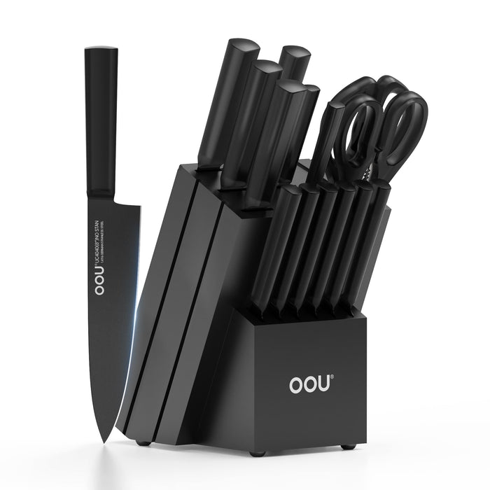 OOU Kitchen Knife Block Set - 15 Pieces High Carbon Stainless Steel Knife Block Set with Built-in Sharpening Blocks, Black