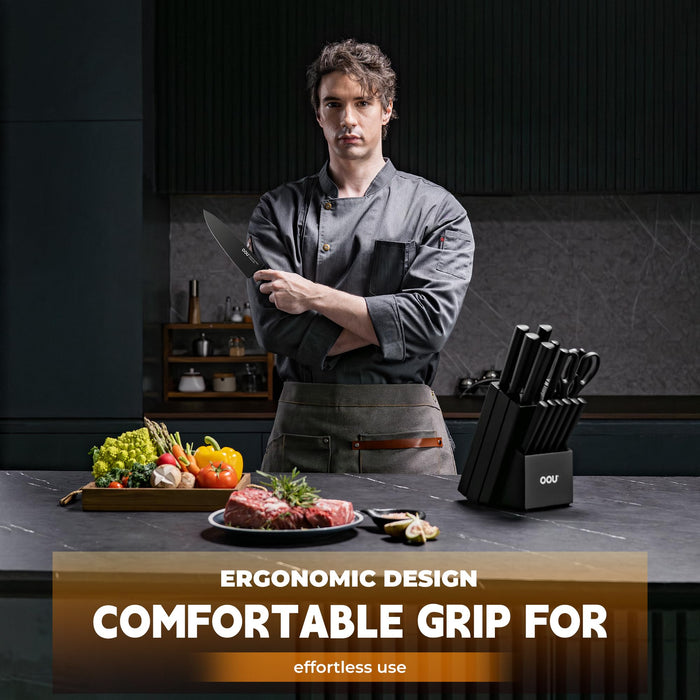OOU Kitchen Knife Block Set - 15 Pieces High Carbon Stainless Steel Knife Block Set with Built-in Sharpening Blocks, Black