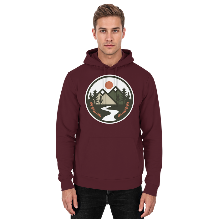 Front view of burgundy Arvenzo Open Ground unisex hoodie with a simple design and comfortable fit.