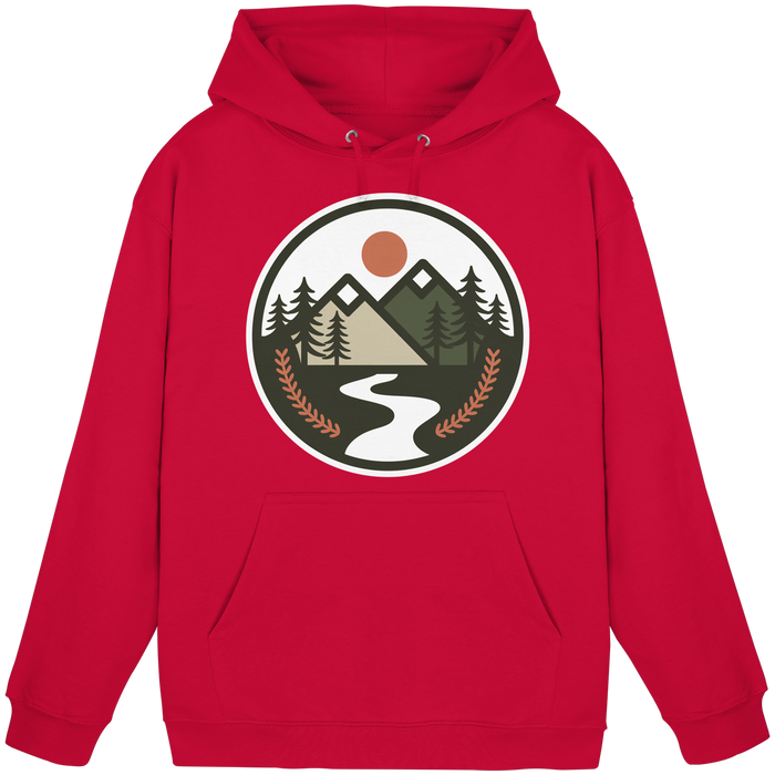 Red unisex hoodie from Arvenzo's Open Ground collection, featuring a front basic design and comfortable fit.
