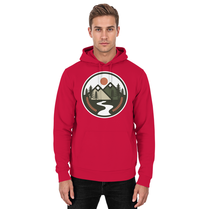 Front view of Arvenzo Open Ground unisex hoodie in fire red, showcasing a basic design with a comfortable fit.