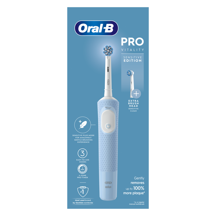 Oral-B Vitality PRO electric toothbrush in blue on light blue packaging with extra refill brush head, Sensitive Edition