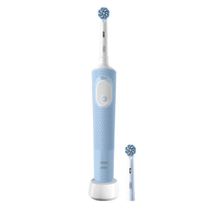 Oral-B Vitality PRO electric toothbrush in blue on white background, with charging base and extra refill head, labelled Oral-B Braun