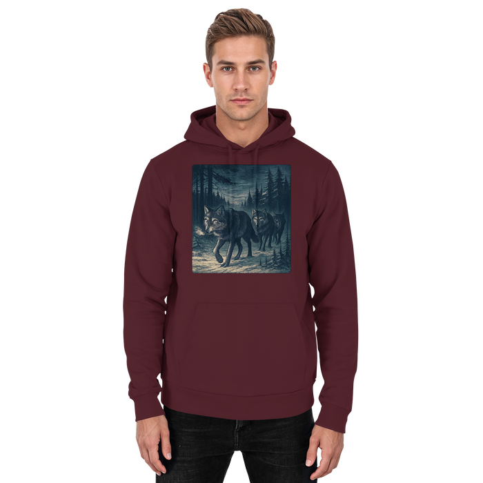 Front view of a burgundy unisex North Hoodie by Arvenzo, featuring a basic design and soft fabric.