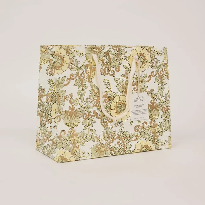 Paper Mirchi Hand Block Printed Gift Bag Medium Buttercream - Precious Sparkle