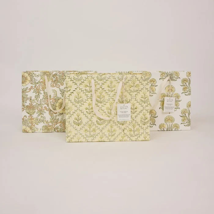 Paper Mirchi Hand Block Printed Gift Bag Medium Buttercream - Precious Sparkle