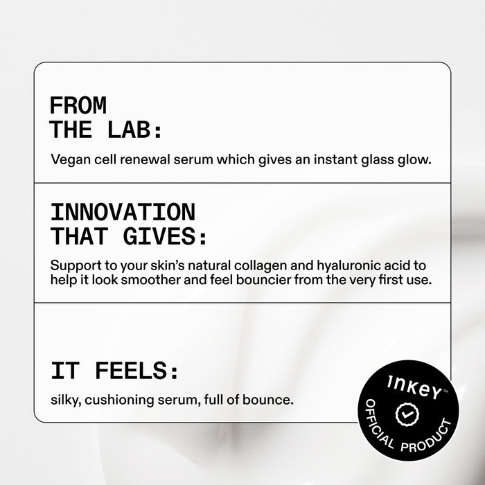 Product description card for a vegan cell renewal serum with text and INKEY logo.