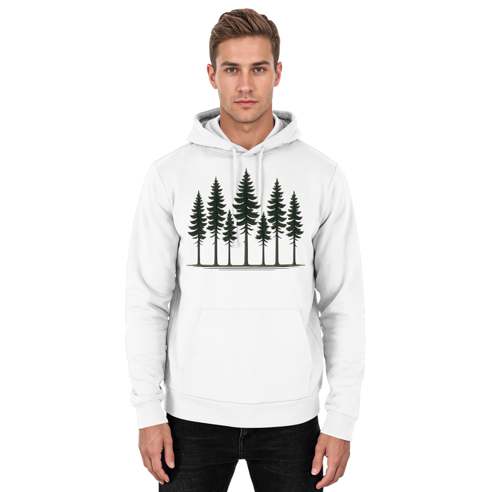 Arvenzo Pine Dusk Hoodie in Arctic White, front view of a unisex hoodie with a minimalist design and comfortable fit.