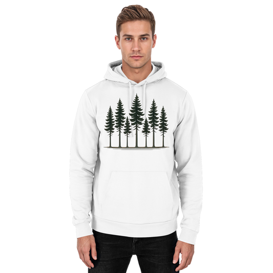 Arvenzo Pine Dusk Hoodie in Arctic White, front view of a unisex hoodie with a minimalist design and comfortable fit.