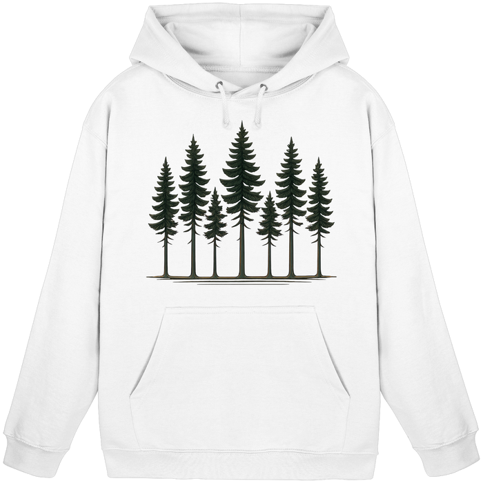 Front view of Arvenzo Pine Dusk Hoodie in Arctic White, a unisex hoodie with a casual fit and soft fabric.