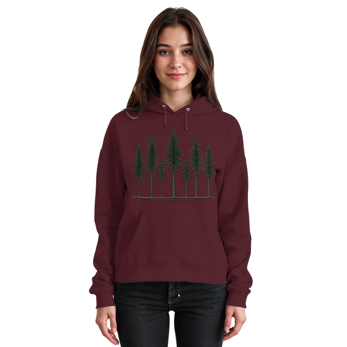Front view of Arvenzo Pine Dusk Hoodie in burgundy, a stylish unisex hoodie with a comfortable fit and minimalist design.
