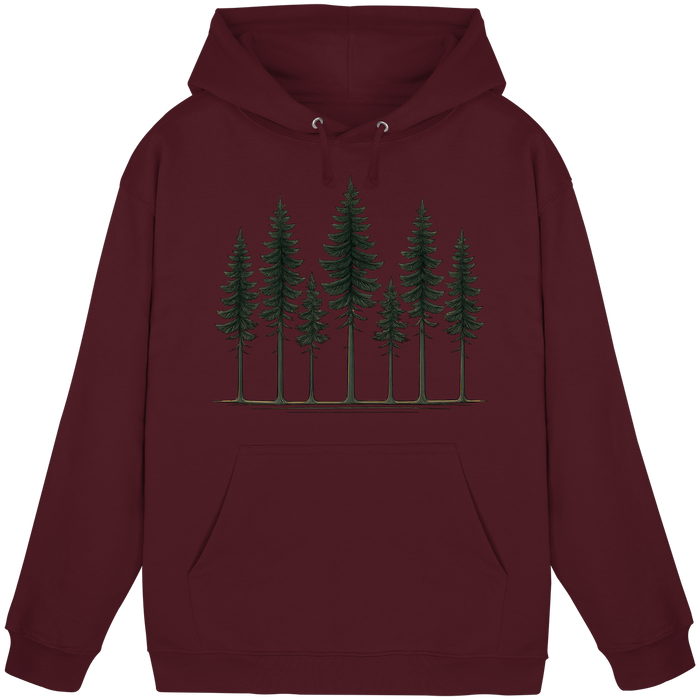 Unisex burgundy Pine Dusk Hoodie by Arvenzo, front view showing a cozy, casual hoodie with a drawstring hood and soft fabric.