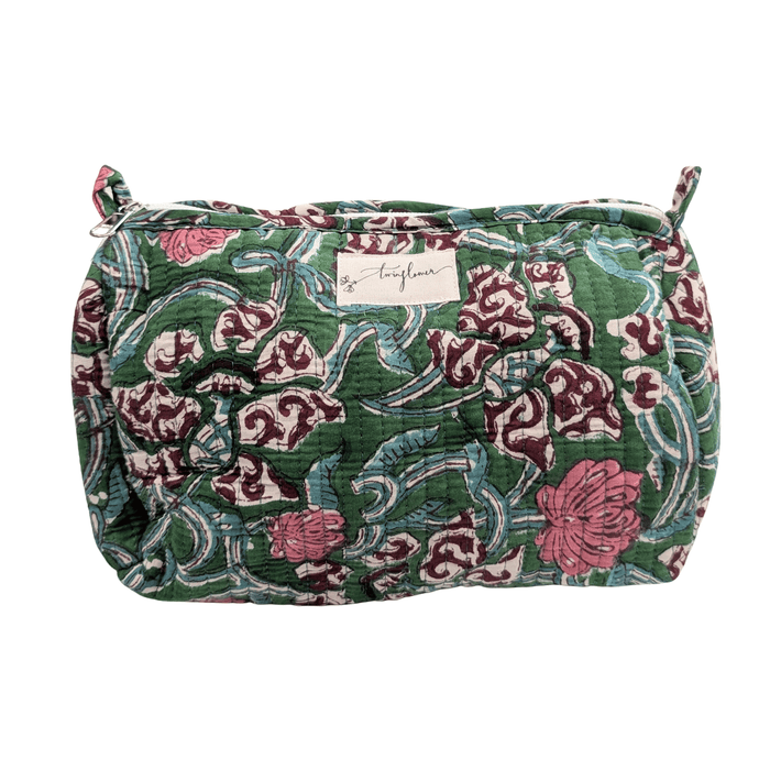 Pine Green Floral Block Print Quilted Large Washbag - Precious Sparkle
