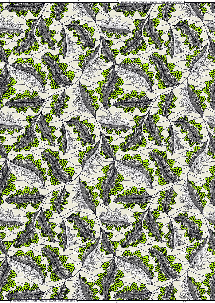 african print fabric with green, gray, and white design