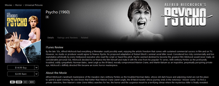 Psycho iTunes Apple TV 4K Digital Code (1960) (Redeems in iTunes Apple TV; 4K Vudu Fandango at Home Transfers Across Movies Anywhere)
