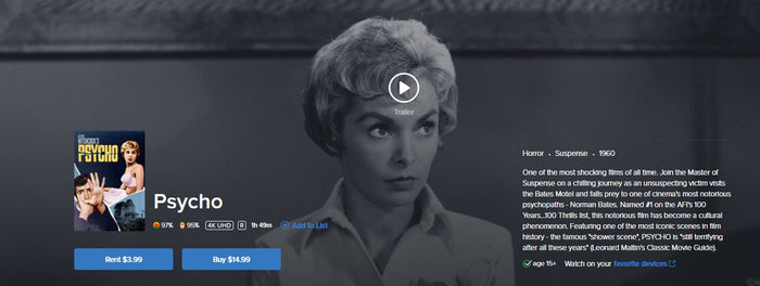 Psycho iTunes Apple TV 4K Digital Code (1960) (Redeems in iTunes Apple TV; 4K Vudu Fandango at Home Transfers Across Movies Anywhere)