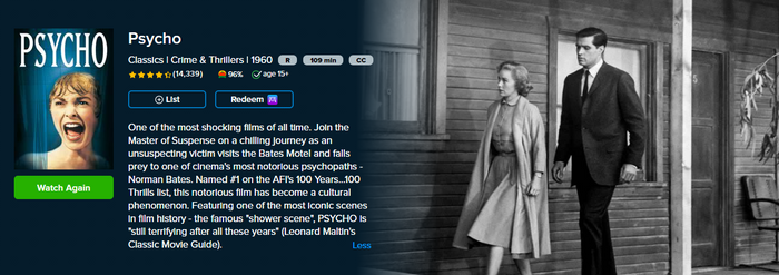 Psycho iTunes Apple TV 4K Digital Code (1960) (Redeems in iTunes Apple TV; 4K Vudu Fandango at Home Transfers Across Movies Anywhere)