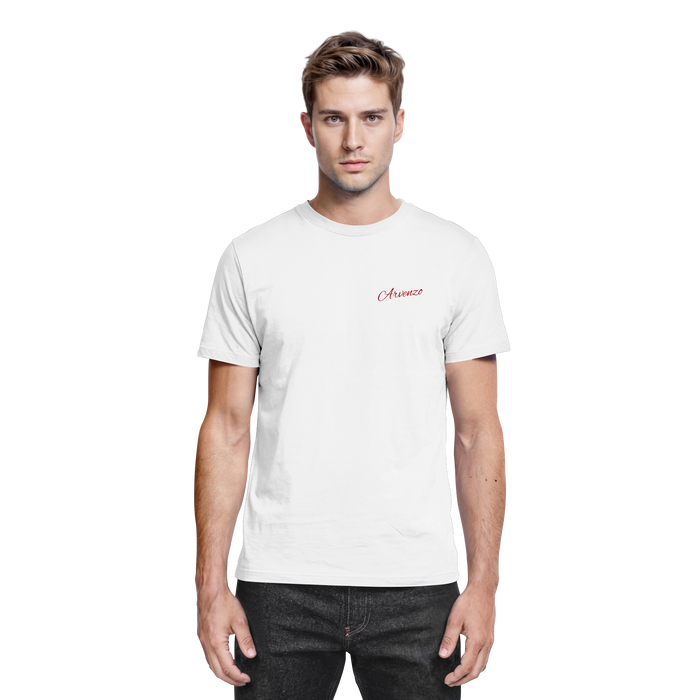 White unisex Pure Ground shirt by Arvenzo, front view showing a sleek, fitted design made from premium fabric.