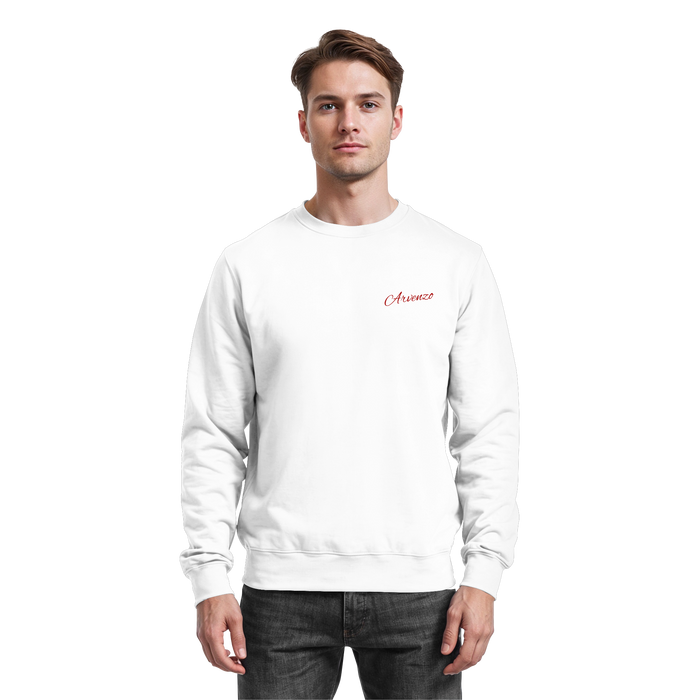 Arvenzo Pure Ground sweatshirt in Arctic White, front view showing classic crewneck design and soft fabric texture.